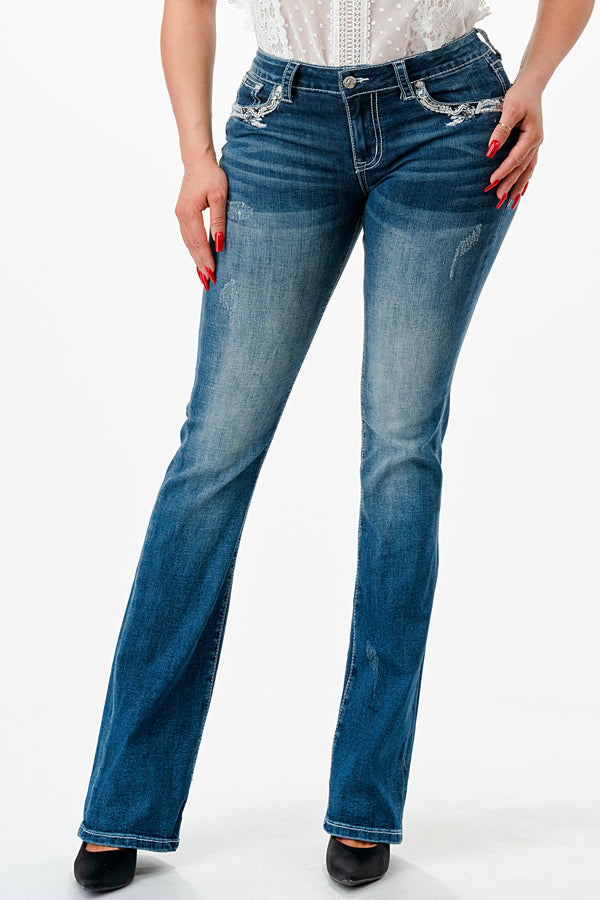 Whimsical Embellishment Mid Rise Bootcut Jeans | EB-61618-32” &34“