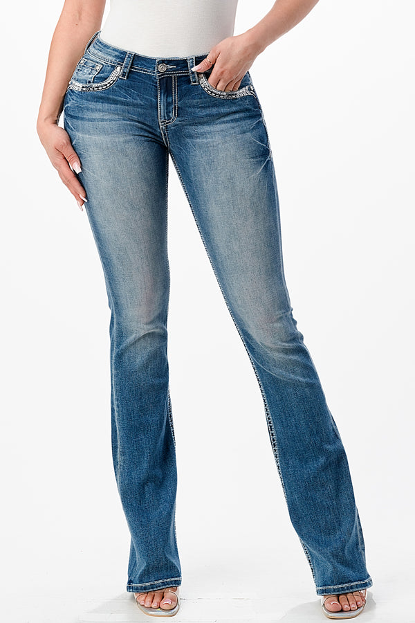 Feather Embellished Mid Rise Bootcut Jeans | EB-61716 32" , 34" & 36"