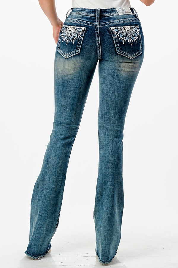 Feather Detail Embellishment Mid Rise Bootcut Jeans | EB-S605