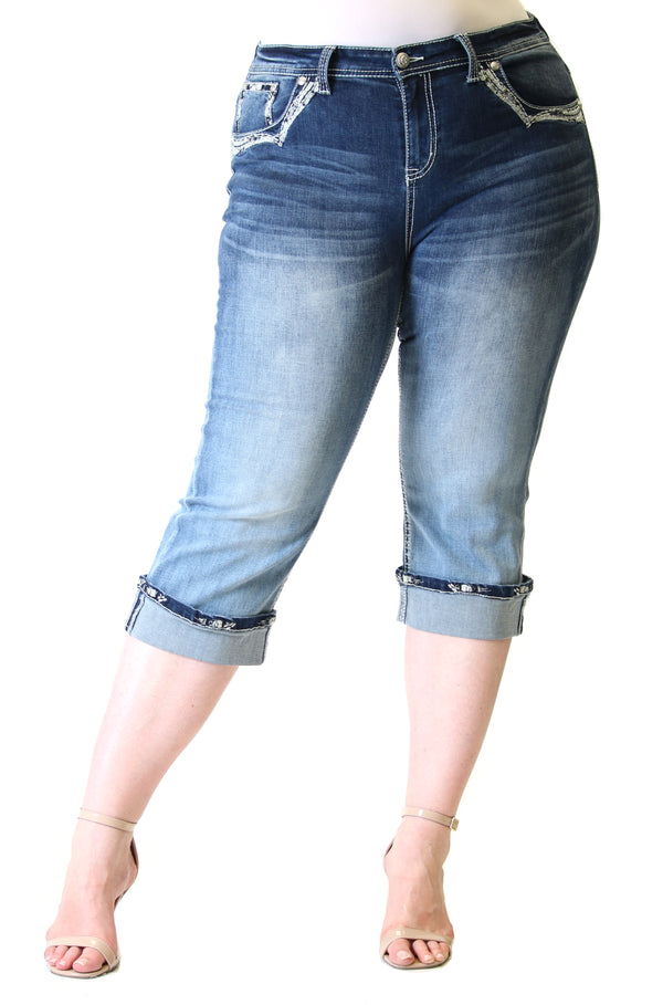 Abstract Embellishment Plus Size Capri Jeans | PC-61205