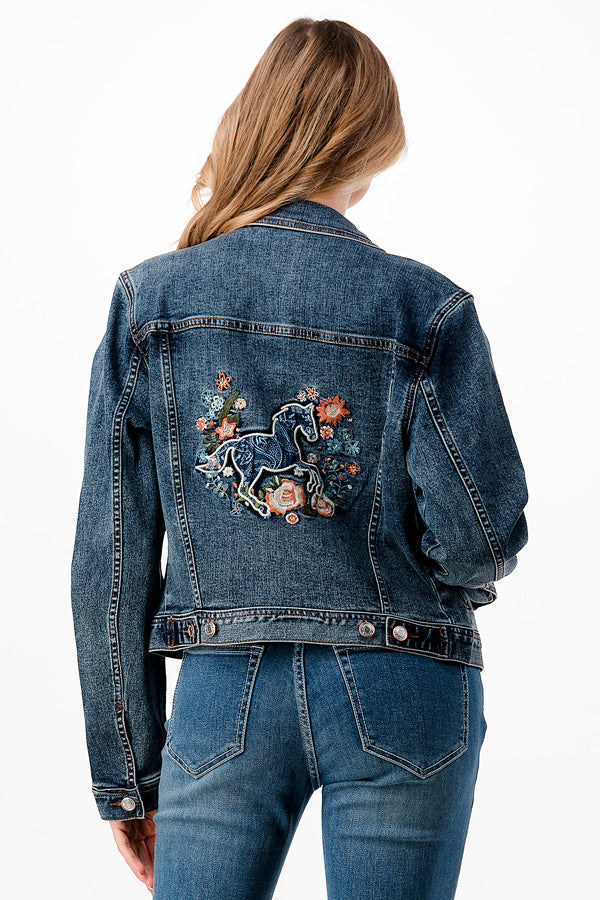 Horse /Floral Embroidery Denim Jacket | TE-S643