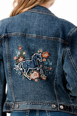 Horse /Floral Embroidery Denim Jacket | TE-S643