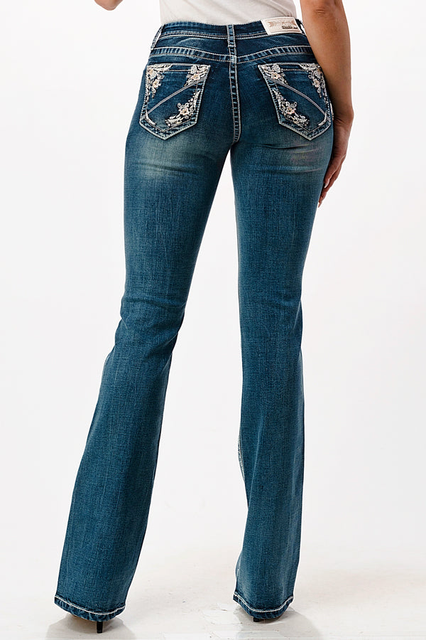 Abstract Stitched Line  Mid Rise Bootcut Jeans | EB-51678