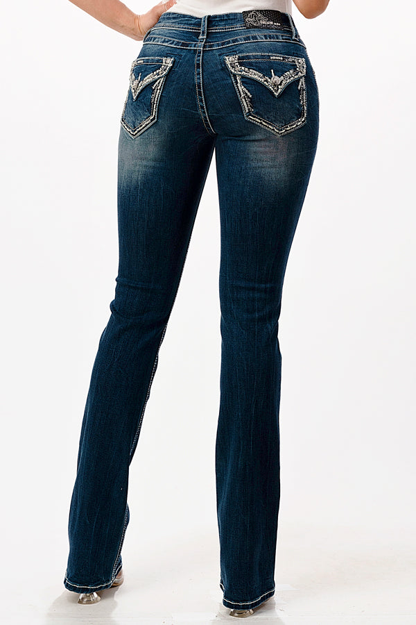 Border Stitched Flap Mid Rise Bootcut Jeans | EB-51702SL