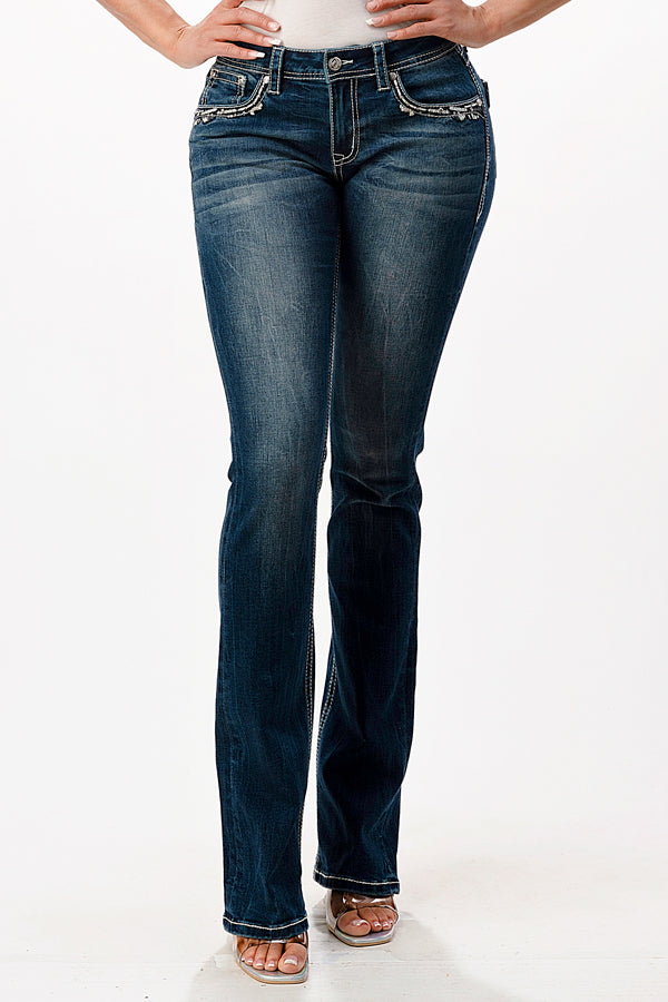 Border Stitched Flap Mid Rise Bootcut Jeans | EB-51702SL