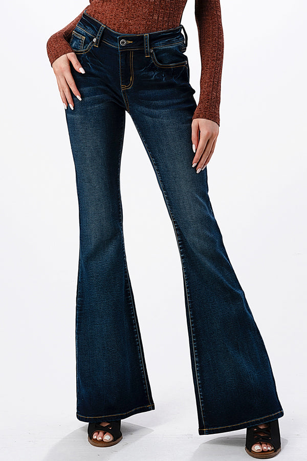 Basic Design Soft Denim  Mid Rise Flare Jeans | EL-51739KT