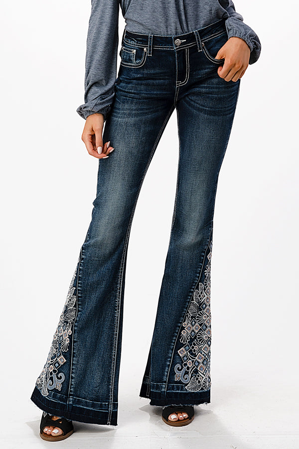 Embroidery Side Hem Detail Mid Rise Flare Jeans | EL-61666