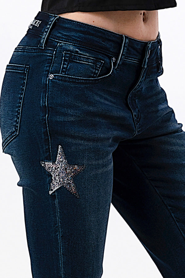 Stars Sequins Detail Soft Denim Mid Rise Skinny Jeans | EN-81628KT