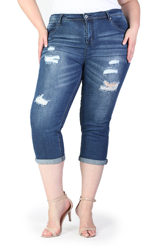 Distressed Medium Wash Plus Size Capri Jeans | PC-9257