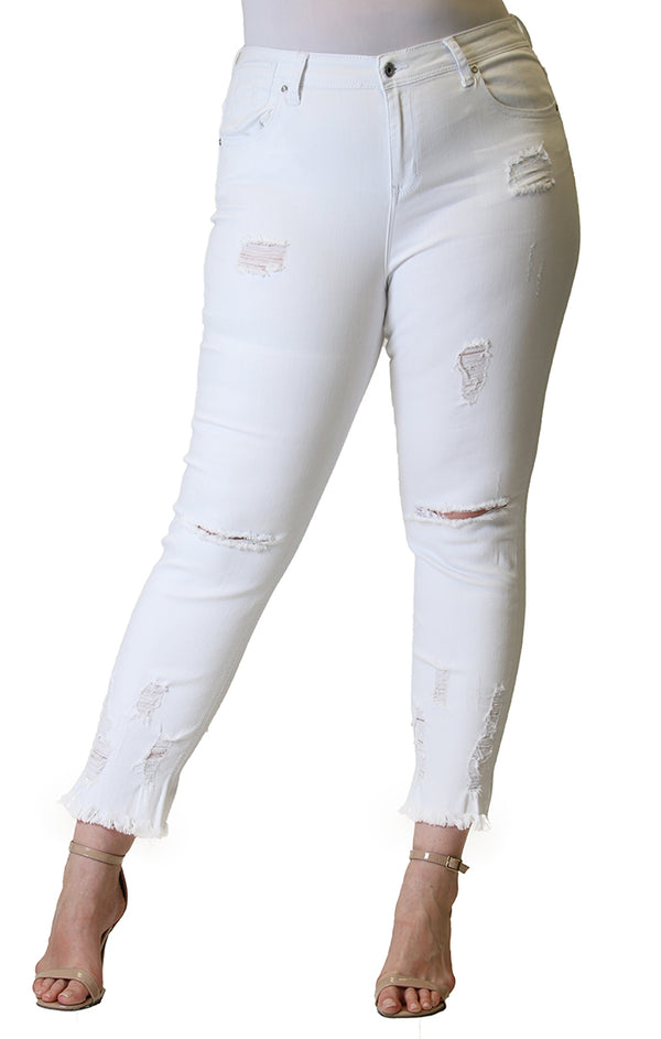 Frayed Distressed White Plus Size Skinny Jeans | PN-51278-WT